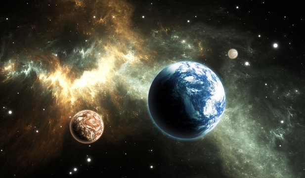 Fototapeta Extrasolar planet. Earth-like exoplanet on background nebula.