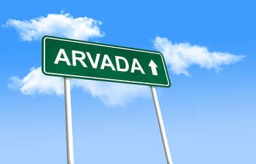 Road sign - Arvada. Green road sign (signpost) on blue sky background. (3D-Illustration)
