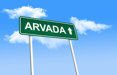 Road sign - Arvada. Green road sign (signpost) on blue sky background. (3D-Illustration)
