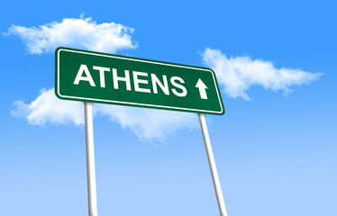Road sign - Athens. Green road sign (signpost) on blue sky background. (3D-Illustration)
