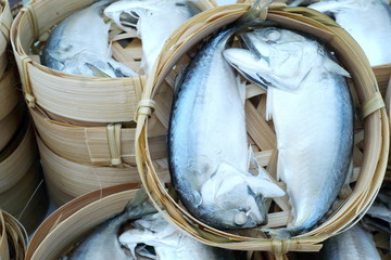 mackerels in bamboo basket.