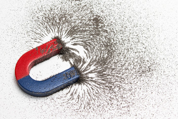 Red and blue horseshoe magnet or physics magnetic with iron powder magnetic field on white...