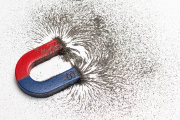 Foto op Canvas Red and blue horseshoe magnet or physics magnetic with iron powder magnetic field on white background. Scientific experiment in science class in school. © wittayayut