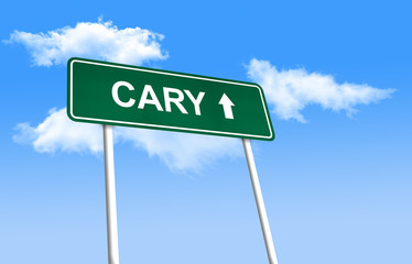 Road sign - Cary. Green road sign (signpost) on blue sky background. (3D-Illustration)
