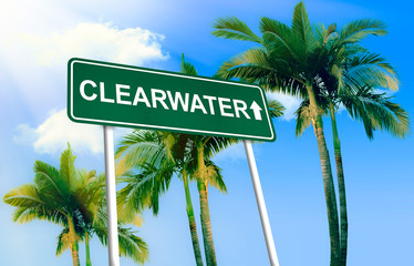 Road sign - Clearwater. Green road sign (signpost) on blue sky background. (3D-Illustration)
