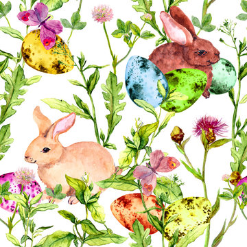 Easter bunny, colored eggs in grass and flowers with butterflies. Seamless floral easter pattern with egg hunt. Watercolor