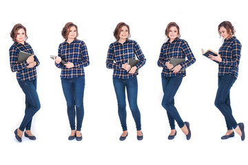 Set of Full length portrait of a smiling beautiful woman student holding book isolated on white background