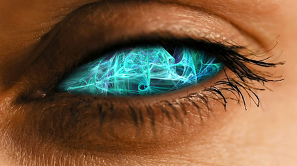 Eye iris with abstract neural network pattern. Futuristic neural dust biotechnology and cyborg...