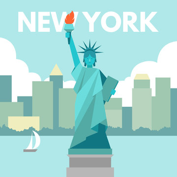 Vector illustration of New York's Lady Liberty landmark and skyline