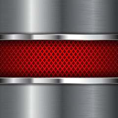 Red perforated background with shiny stainless steel plate. Diamond shape holes
