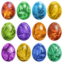 Dozen Colorful Easter Eggs Hand Painted and Decorated with Leaves Imprints Isolated on White Background