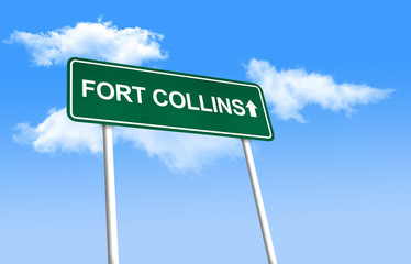 Road sign - Fort Collins. Green road sign (signpost) on blue sky background. (3D-Illustration)
