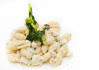 seafood carbonara with dumplings and fish