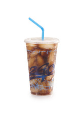 Cola in plastic 2Go glass with ice and straw on white