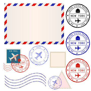International mail envelope with collection of post stamps marked NEW YORK