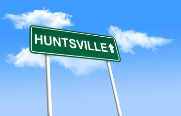 Fototapeta premium Road sign - Huntsville. Green road sign (signpost) on blue sky background. (3D-Illustration) 