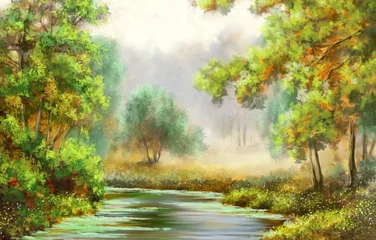 Fototapete Forest,tree,river, paintings landscape © yaroslavartist