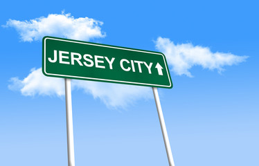 Road sign - Jersey City. Green road sign (signpost) on blue sky background. (3D-Illustration)
