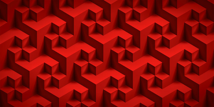 Volume realistic unreal texture, red cubes, 3d geometric pattern, vector design background