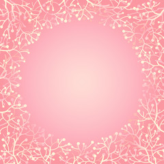Round frame with abstract branches and berries in soft pink colors. Can be used for greeting cards, weddings and invitations. Vector colored sketch illustration.