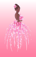 Art sketching of beautiful young bride with pink flowers. Vector illustration of pretty african american girl in ball gown on gradient background.