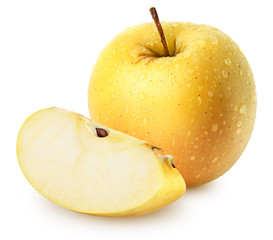 Isolated wet apples. Whole yellow (golden) apple fruit with slice isolated on white, with clipping path - obrazy, fototapety, plakaty