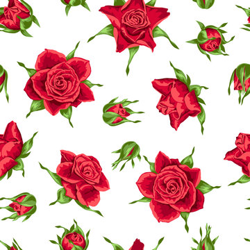 Seamless pattern with red roses. Beautiful realistic flowers, buds and leaves