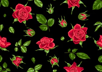 Tuinposter Seamless pattern with red roses. Beautiful realistic flowers, buds and leaves © incomible