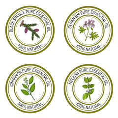 Set of essential oil labels black spruce, geranium, cinnamon, m