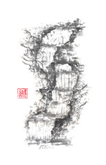 Tall waterfall Japanese style sumi-e painting.