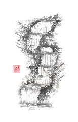 Obraz premium Tall waterfall Japanese style sumi-e painting.