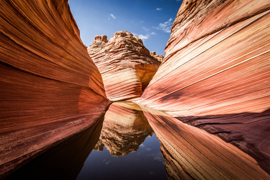 Arizona - Utah border, a stunning rock formation known as The Wave in the rocky desert, reflecting on a rare water puddle