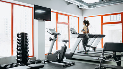 Fototapeta premium Young fit pretty woman doing exercises on the treadmill