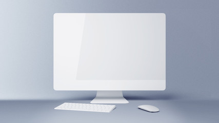 Desktop with blank white computer screen. Mock up