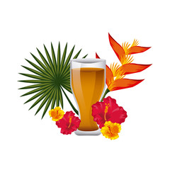 cocktail with tropical flowers and leaves over white background. colorful design. vector illustration