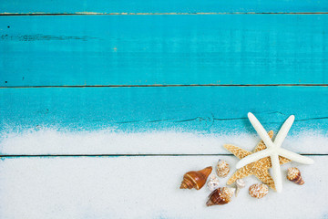 Seashell and sand border with teal blue rustic wood background