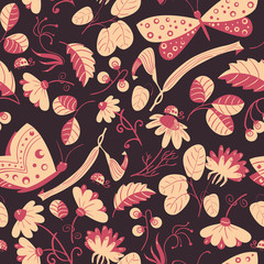 Vector seamless pattern with butterflies, ladybugs, flowers and plants.