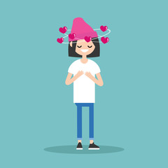 Falling in love conceptual illustration. Young brunette girl with hearts spinning around her head / flat editable vector illustration, clip art