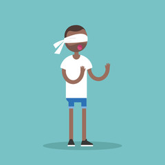 Young blindfolded black man trying to find the right direction / flat editable vector illustration, clip art