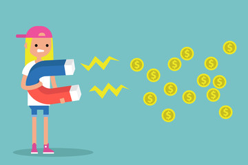 Business concept. Young blond girl attracting money with a huge magnet / editable flat vector illustration