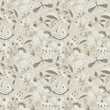 Vector seamless pattern with butterflies, ladybugs, flowers and plants. © Iryna Dobrovyns'ka