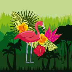 flamingo and tropical flowers. colorful design. vector illustration