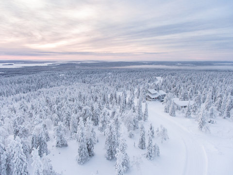 Aerial view of snow covered forest, Finland