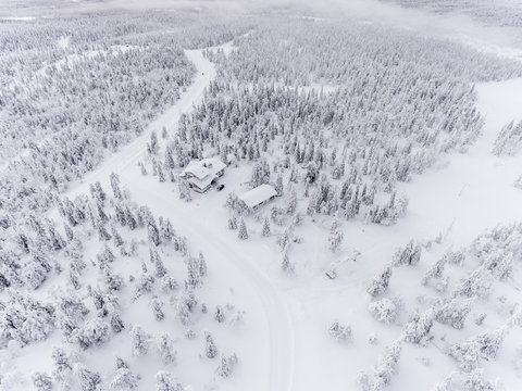 Aerial view of snow covered forest with hut
