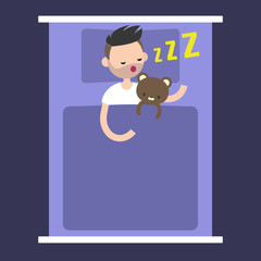 Top view: Young bearded man sleeping with his teddy bear in bed / editable flat vector illustration