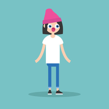 Surprised brunette girl standing with protruding eyes and open mouth / flat editable vector illustration