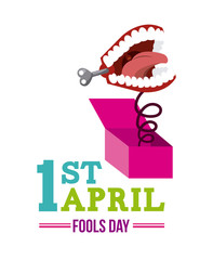 april fools day card with chattering teeth joke icon over white background. colorful design. vector illustration