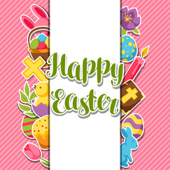 Happy Easter greeting card with decorative objects, eggs and bunnies stickers