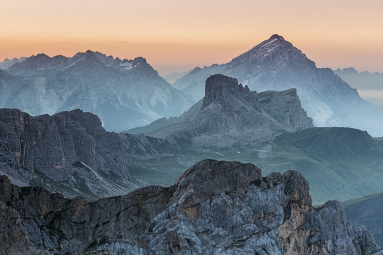 Europe, Italy, Veneto, Belluno. Sunrise from the summit of Cernera towards Mondeval, Dolomites