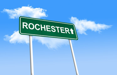 Road sign - Rochester. Green road sign (signpost) on blue sky background. (3D-Illustration)
